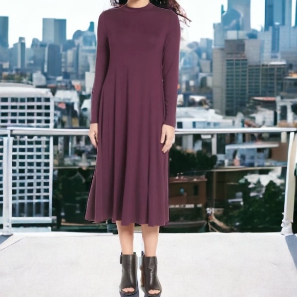 $218 Eileen Fisher Mock Neck Midi Dress XXS Purple Raisinette Long Sleeve NWT